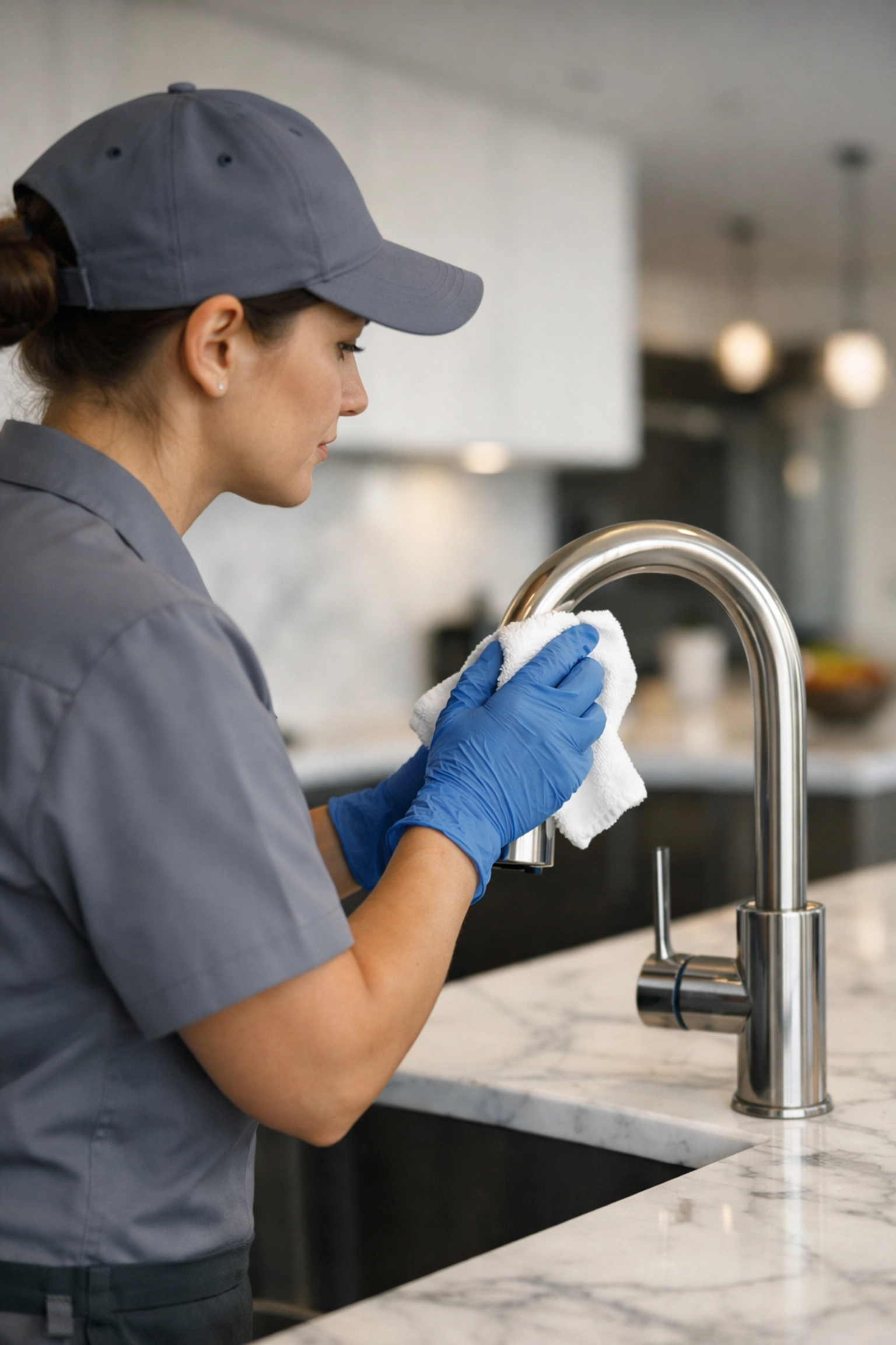 Professional cleaning specialist performing a deep make-ready clean in an apartment kitchen.