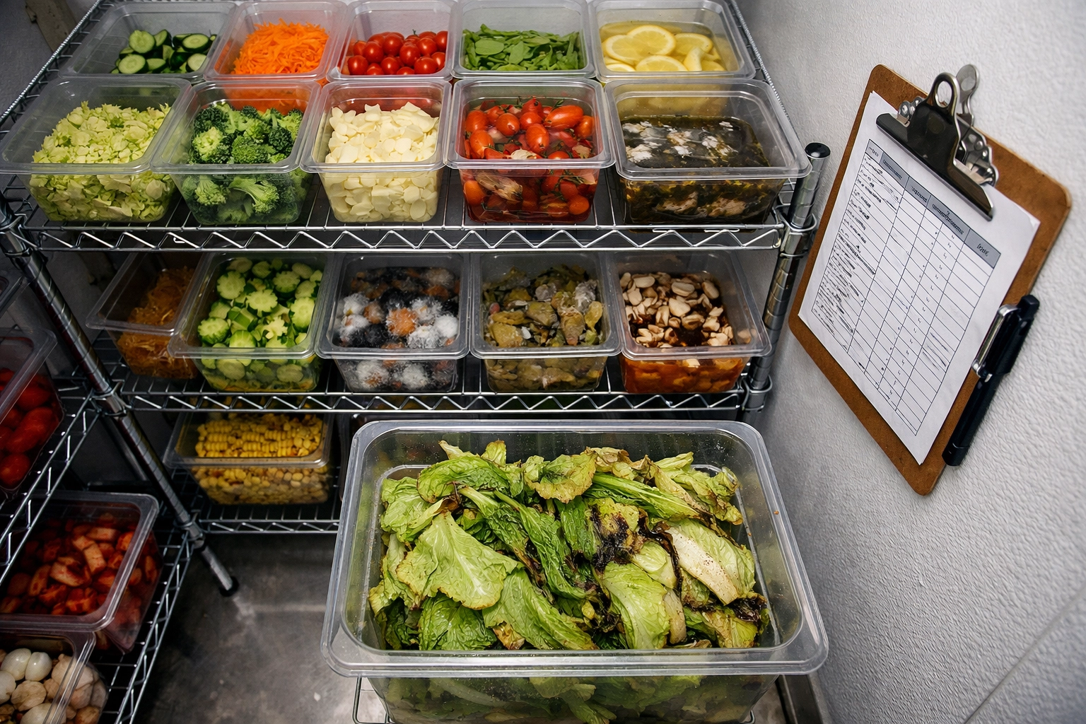 Restaurant walk-in cooler showing food waste and inventory management challenges