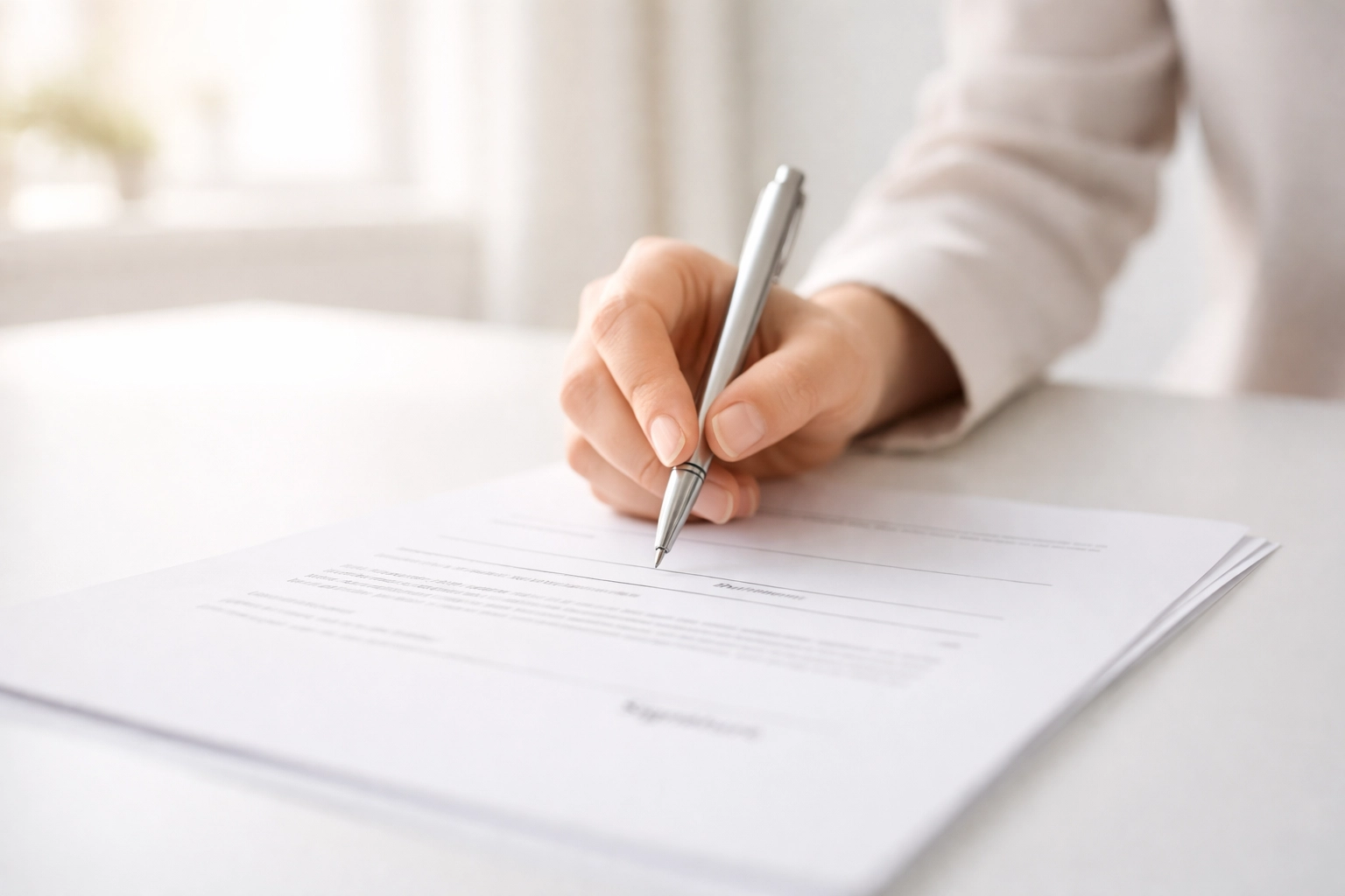 Person signing document in bright modern office, illustrating the notarization process and identity verification.