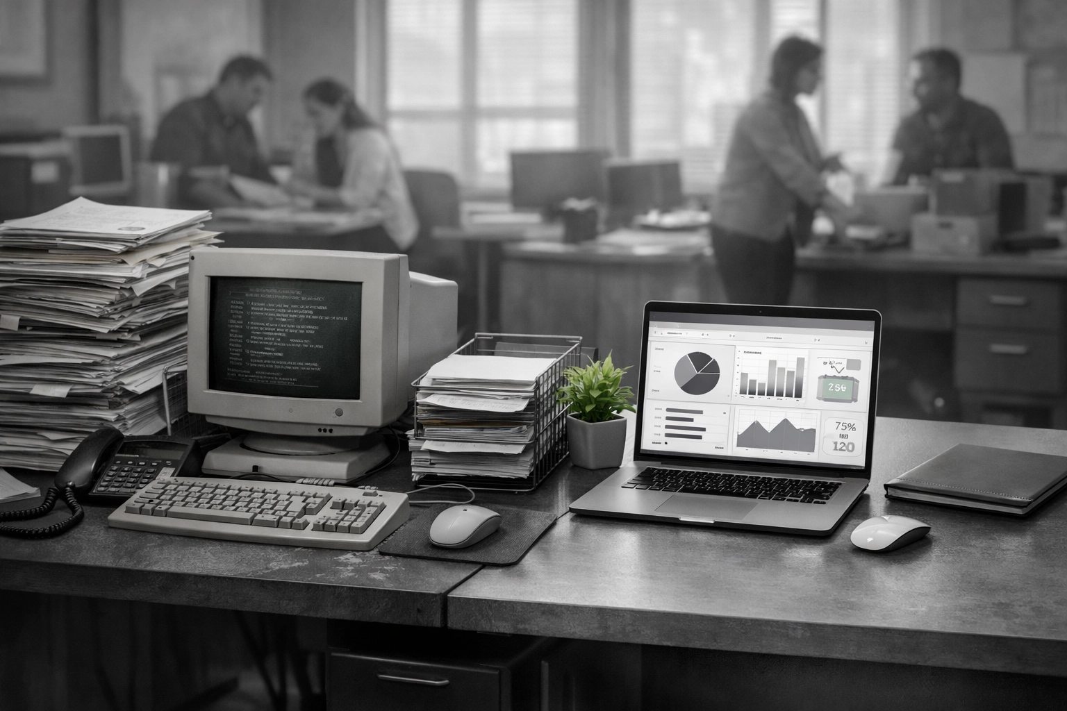 Nonprofit office workspace showing outdated and modern technology, illustrating resource constraints in leadership