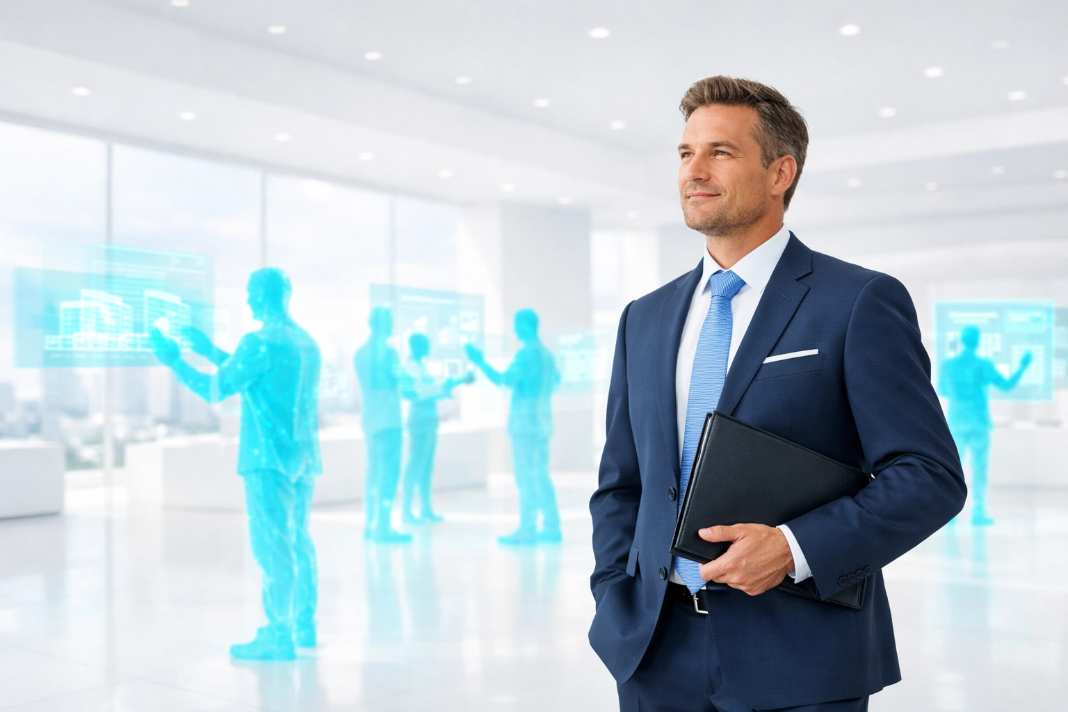 Real estate agent standing in a modern office with digital AI assistants managing client interactions.