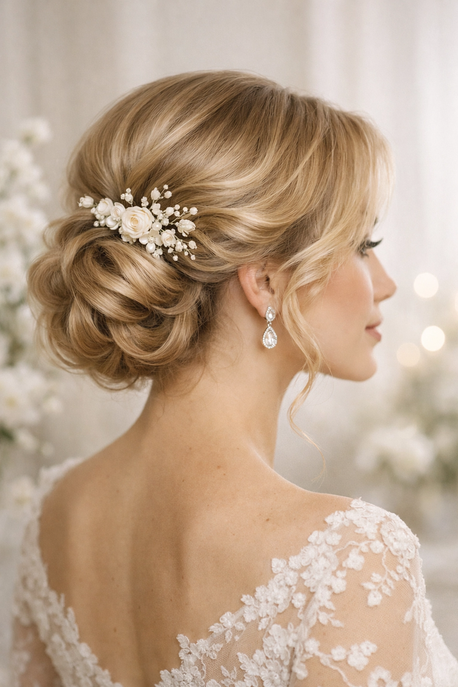 Sophisticated spring bridal updo with soft waves and tendrils from The Color Lounge Salon & Spa.
