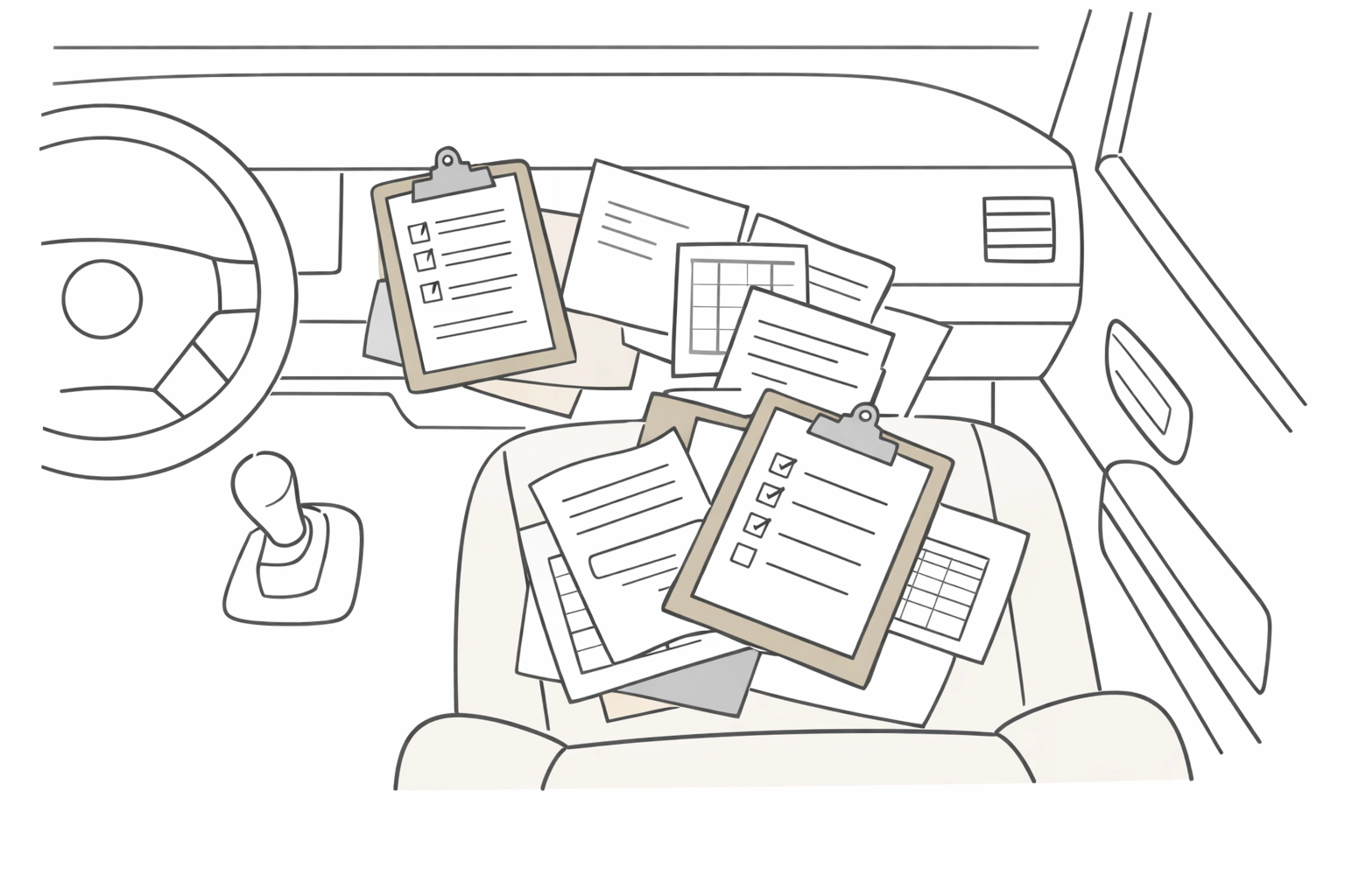 Electrical contractor truck cab cluttered with paper work orders and clipboards