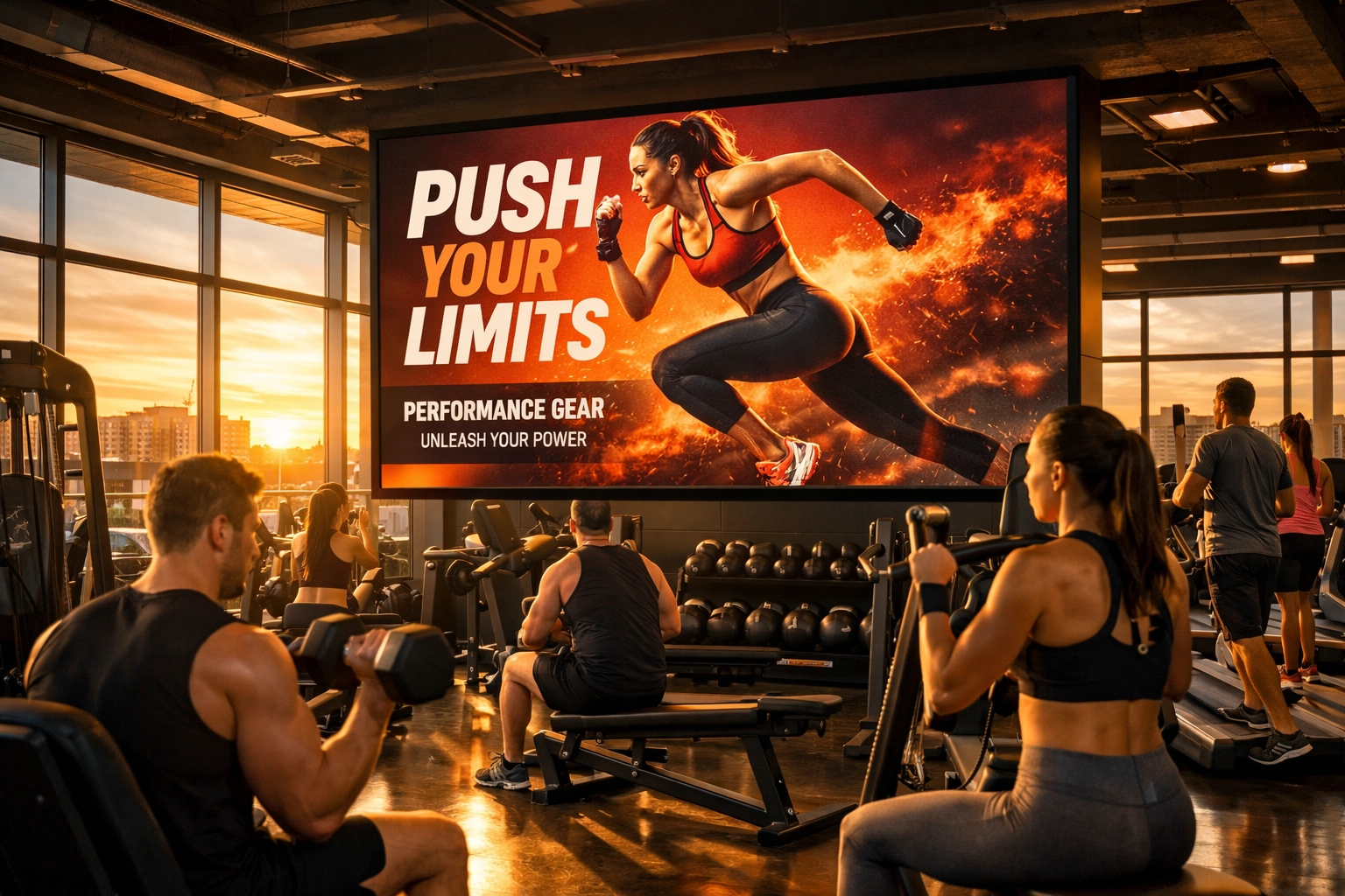 Digital DOOH screen displaying sports advertisement in fitness gym with athletes working out