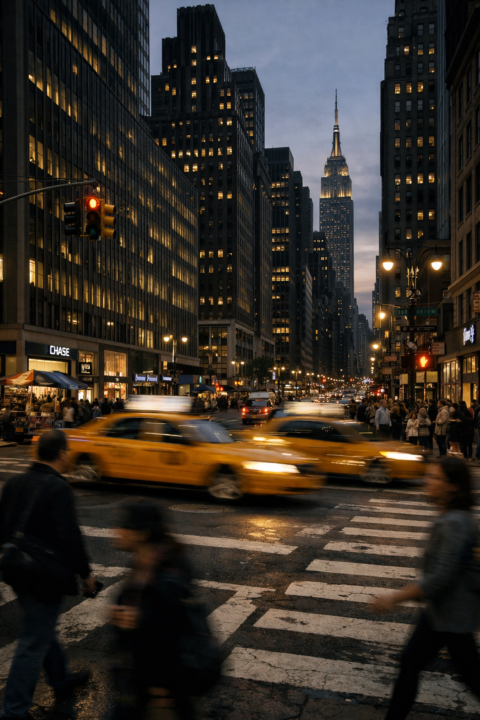 Busy Manhattan street at twilight, showcasing famous New York City photography locations.