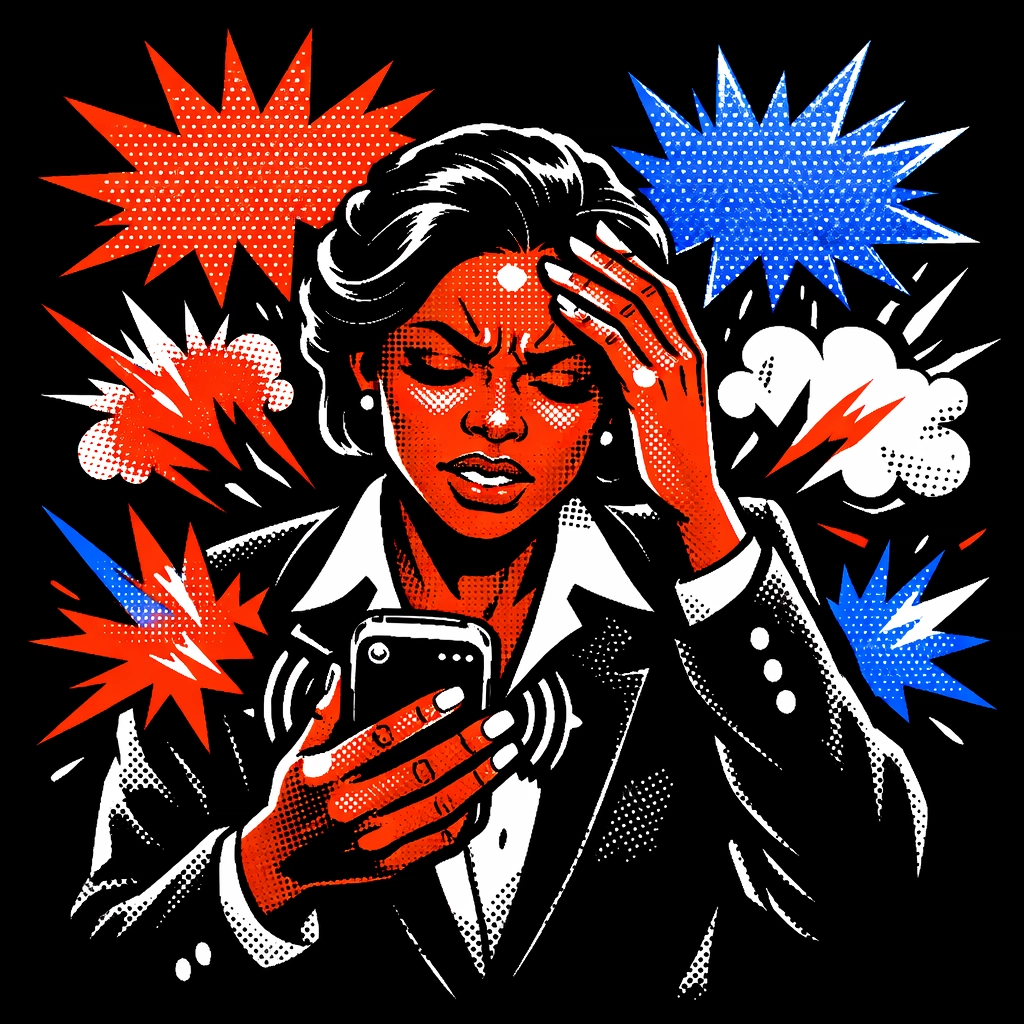 Stressed business owner experiencing app fatigue from managing scattered customer messages across multiple platforms.