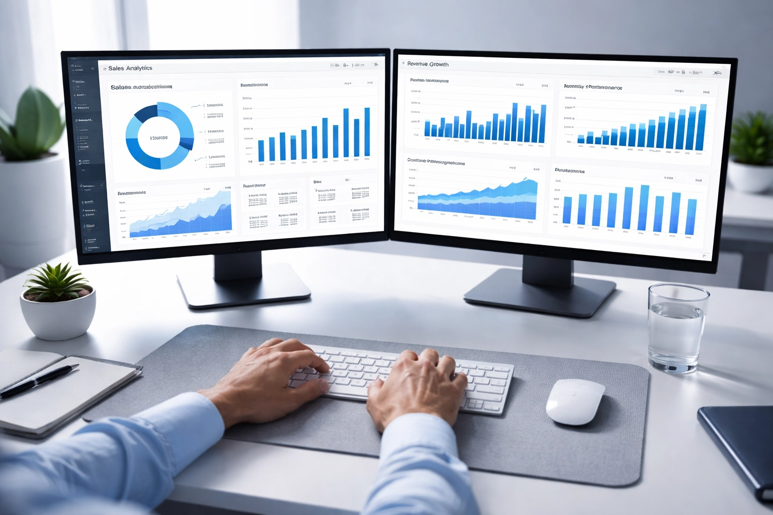 Dual-monitor workstation displaying analytics for debt collection payment processing and compliance management