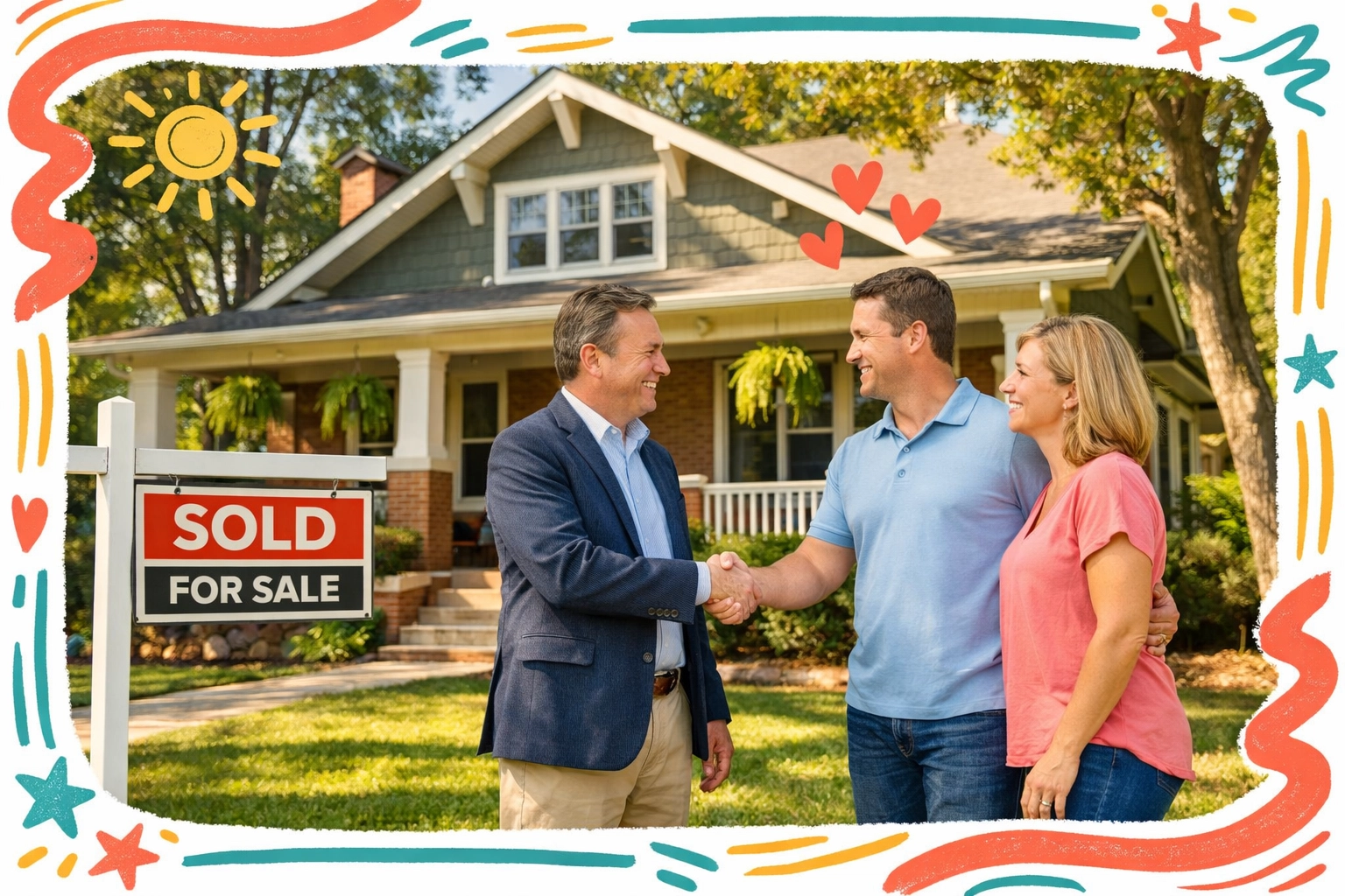 Sold Marietta home with real estate agent and happy homeowners celebrating successful cash offer sale Sold Marietta home with real estate agent and happy homeowners celebrating successful cash offer sale