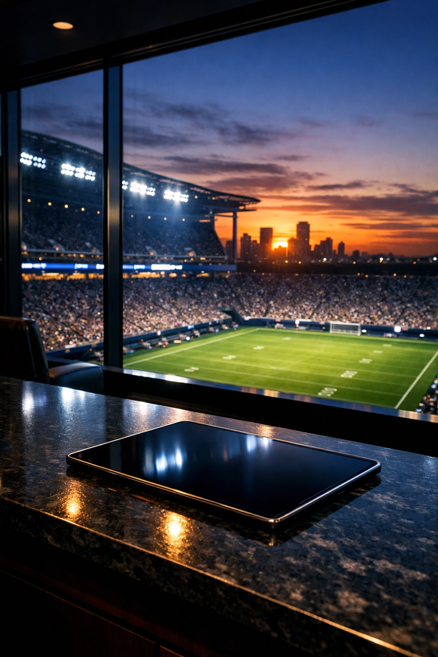 A luxury stadium executive suite overlooking a high-tech arena, symbolizing future sports media trends.