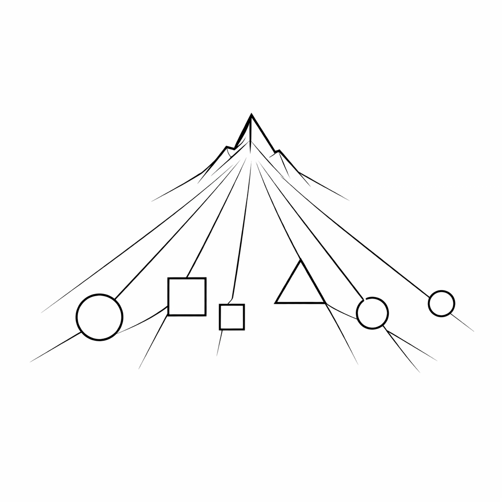 Line art of shapes converging at a mountain peak representing team alignment and V/TO strategy.