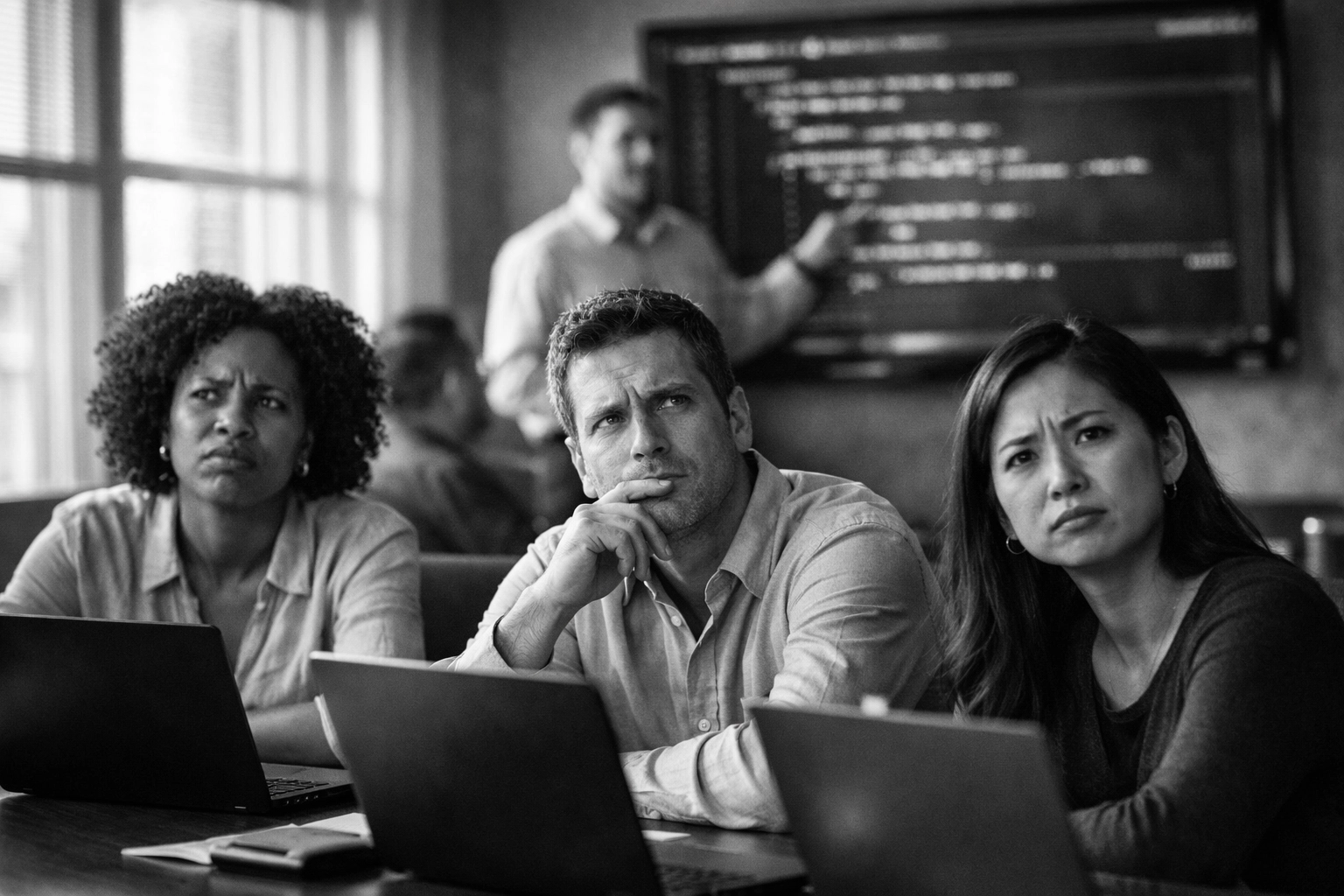 Professionals evaluating AI demo presentation showing confusion about technical expertise levels