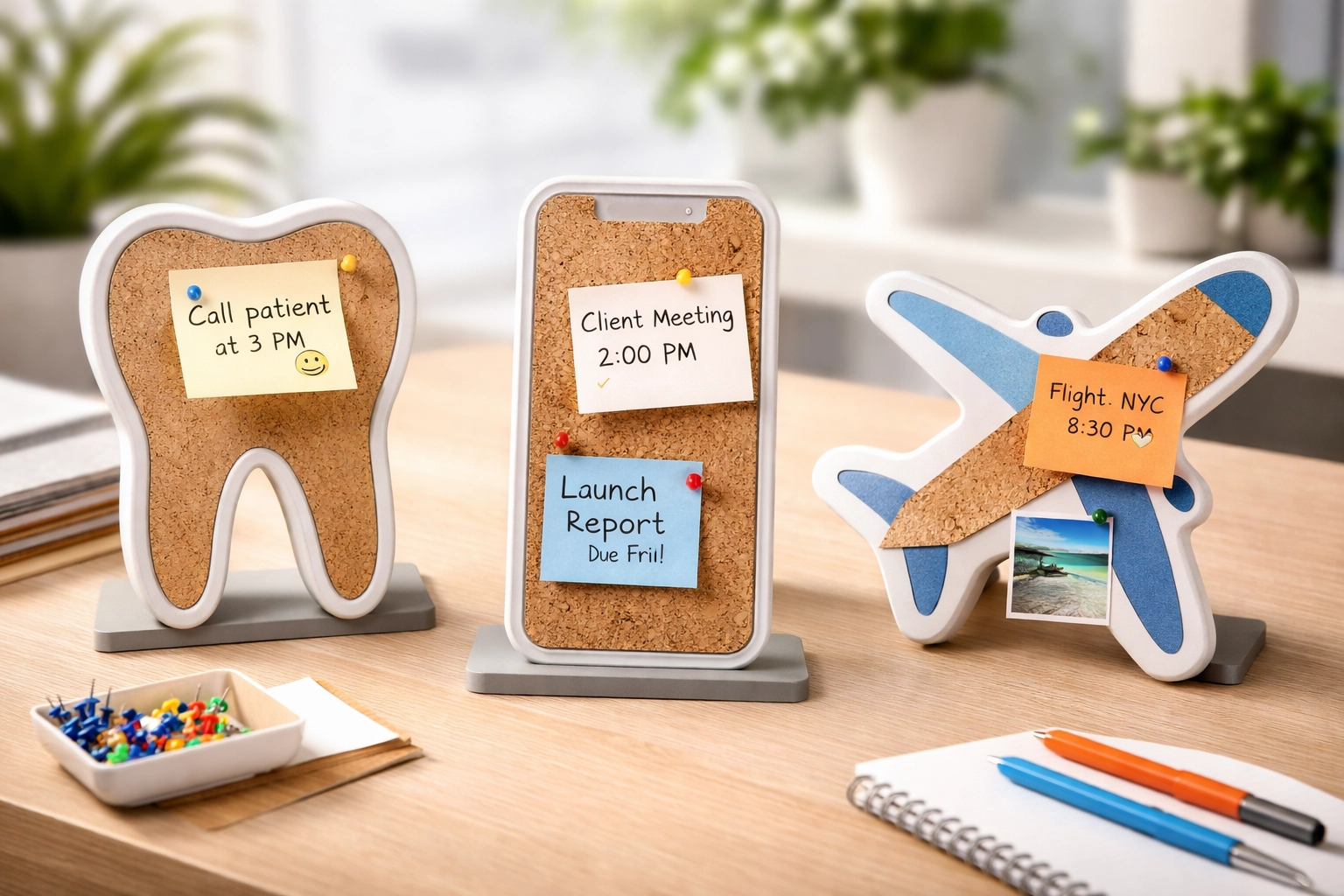 Industry-themed custom shape memo boards, such as a tooth, smartphone, and airplane, displayed on a table to showcase unique office branding ideas.