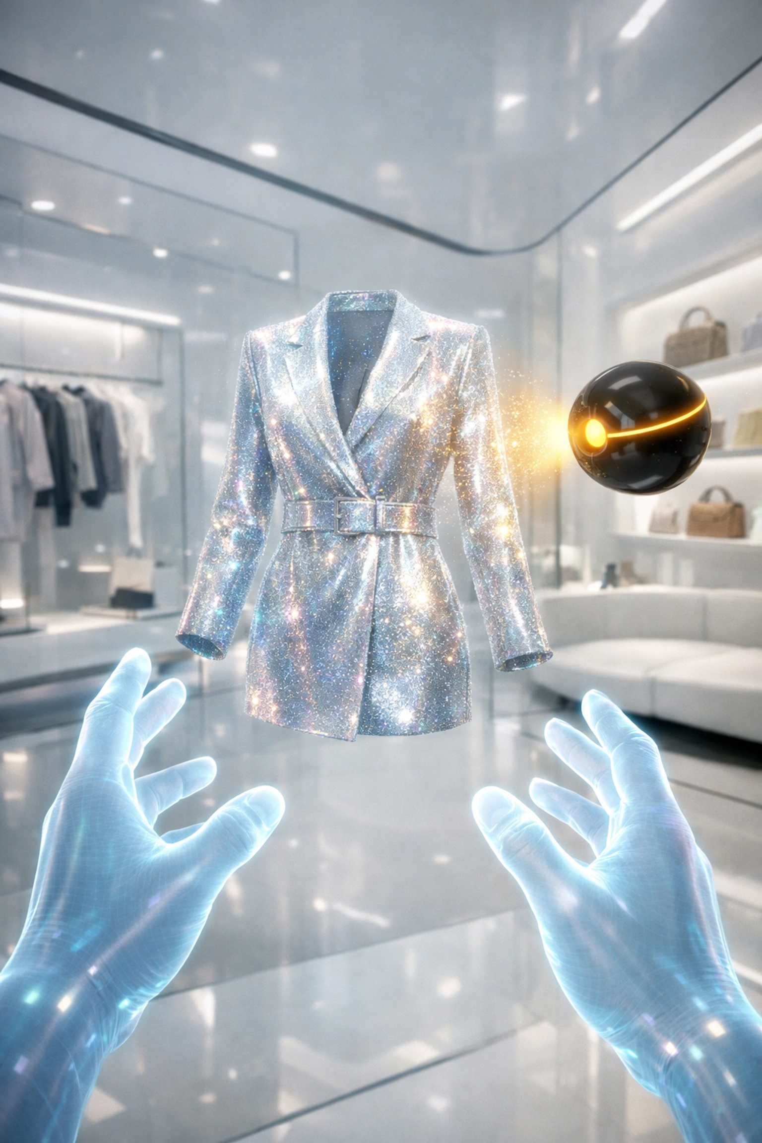 Virtual boutique shopper interacting with holographic products using Larecoin.ai metaverse shopping assistant.