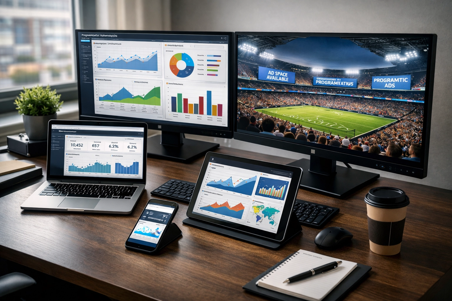 Media buyer workspace with programmatic DOOH campaign analytics and stadium advertising dashboards