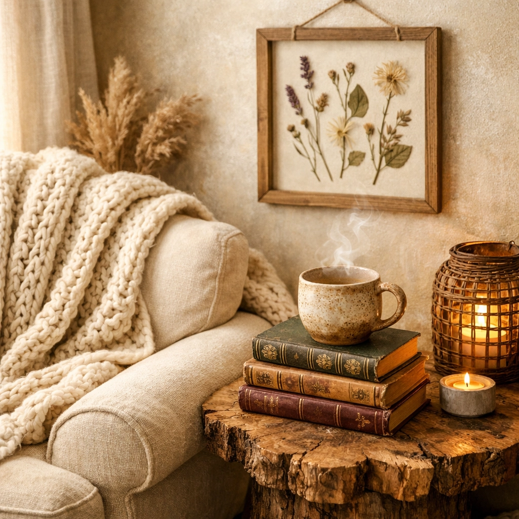 A serene reading nook with a handcrafted flower wall hanging and rustic home accessories.