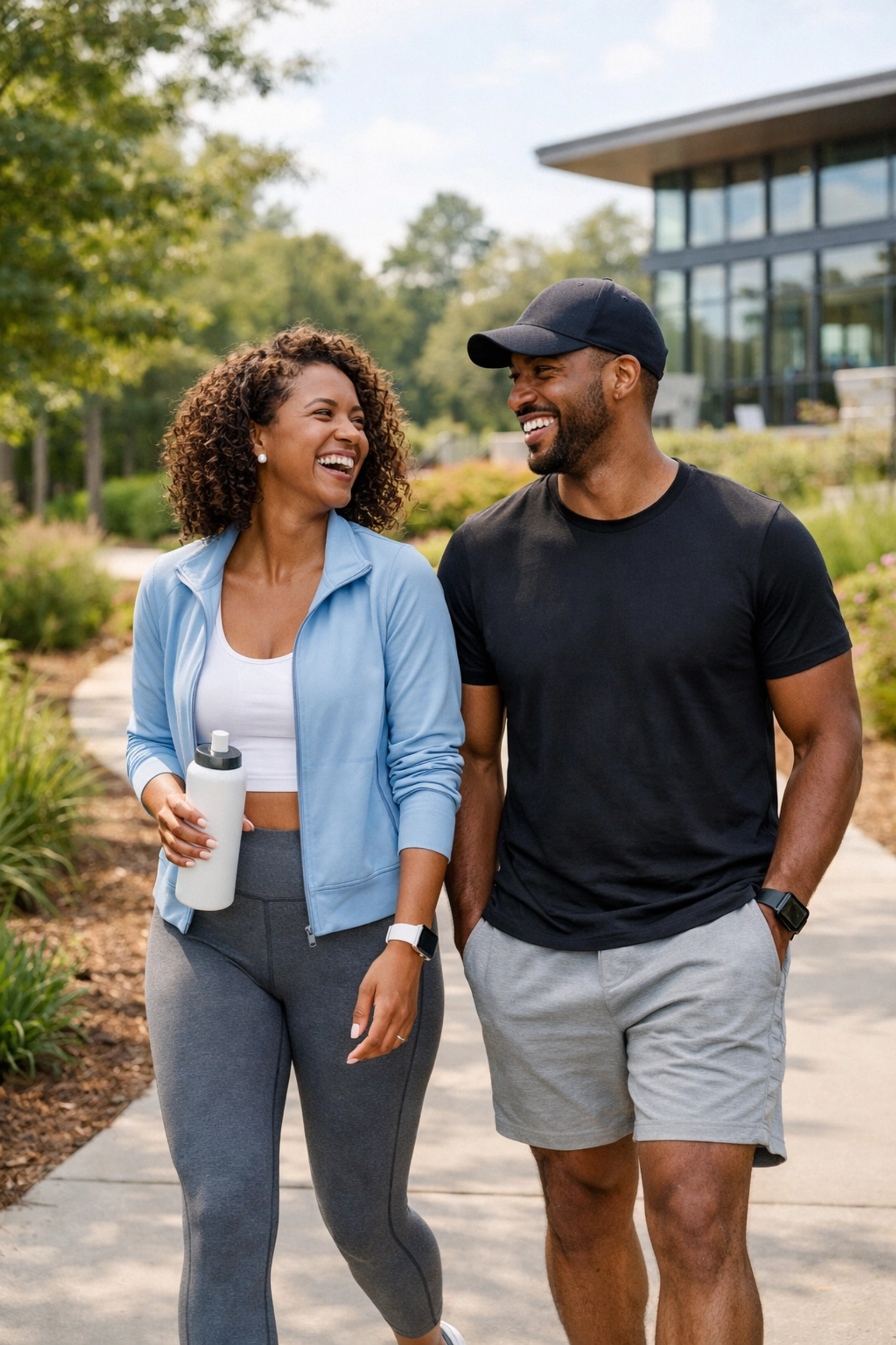 Active couple enjoying walking trails in a modern North Carolina master-planned neighborhood.