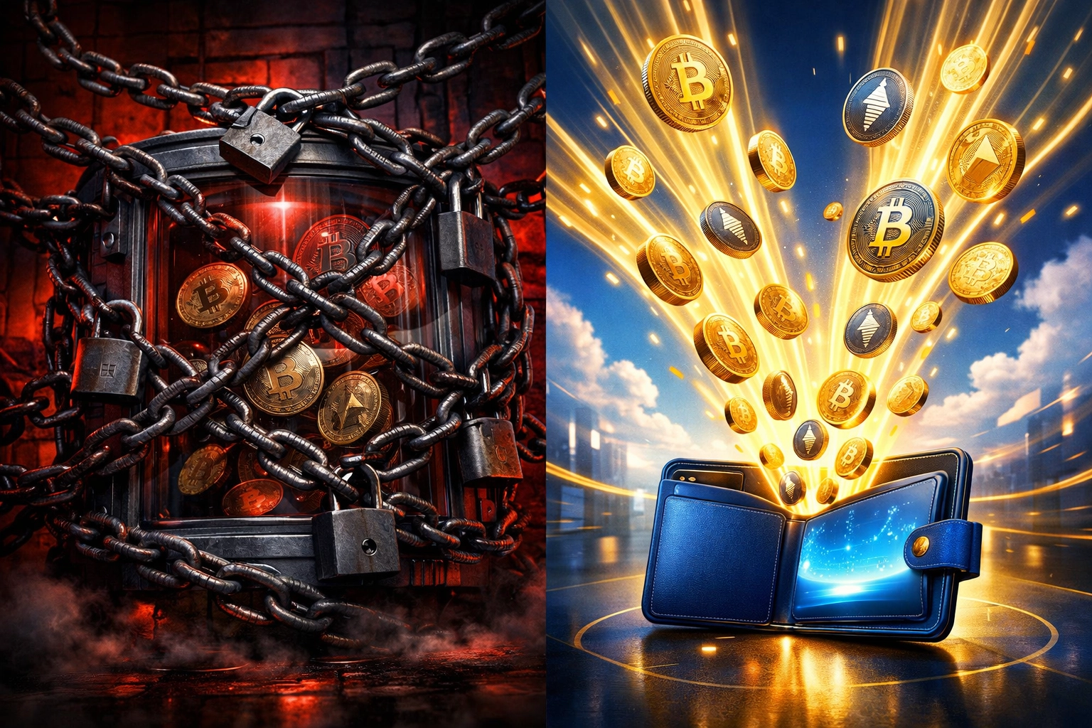 Custodial vs self-custody Web3 payment comparison showing locked funds versus free-flowing crypto