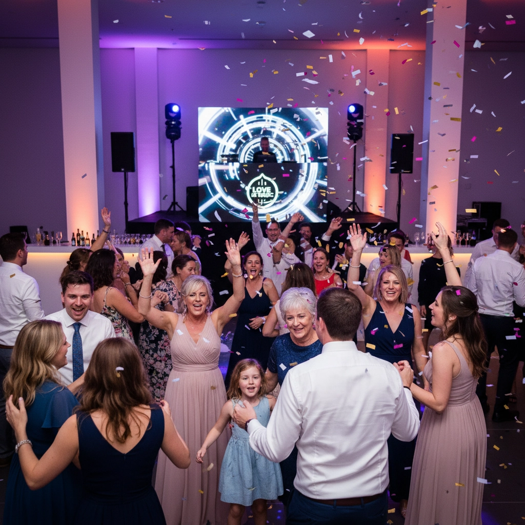 People joyfully dancing at a party with colorful confetti. A DJ booth with vibrant lights and a screen in the background. Lively mood.
