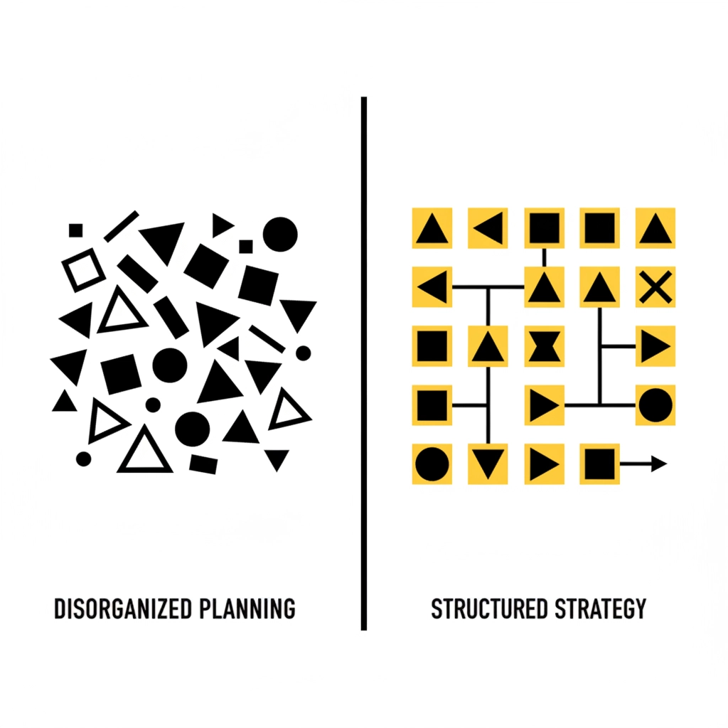 Left: Black mixed shapes labeled "Disorganized Planning." Right: Yellow, organized shapes with arrows, labeled "Structured Strategy."