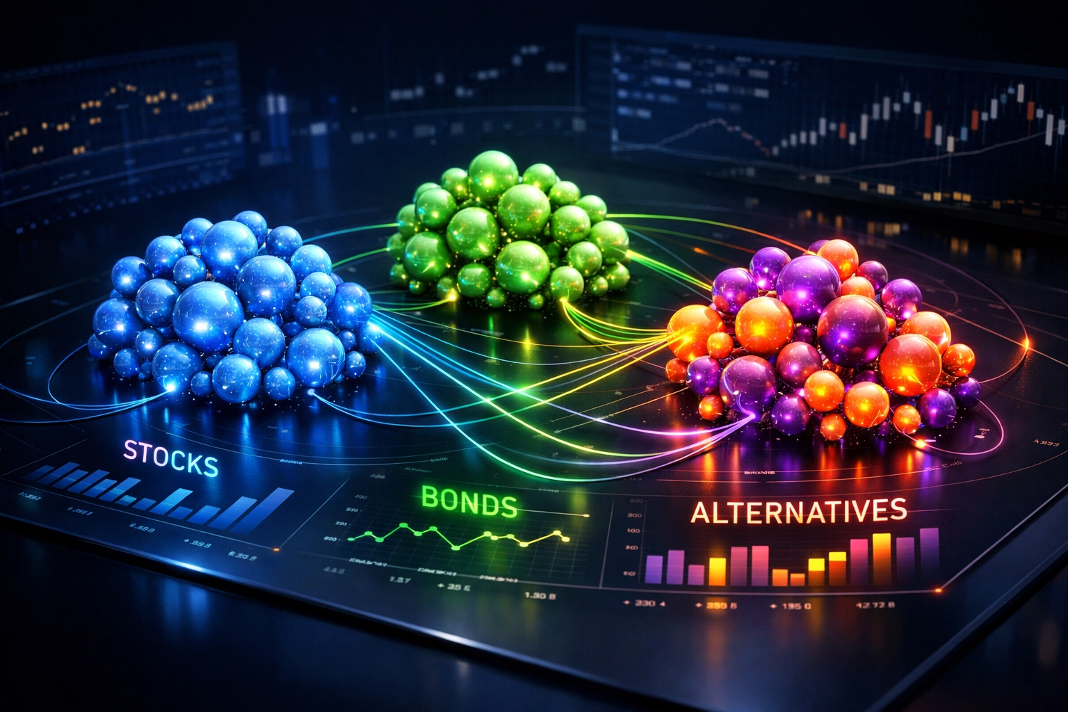Modern portfolio diversification showing interconnected stocks, bonds, and alternative investments