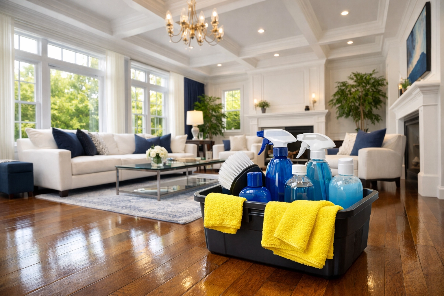 Quality house cleaning Worcester MA tools in a bright, modern living room after a professional service.