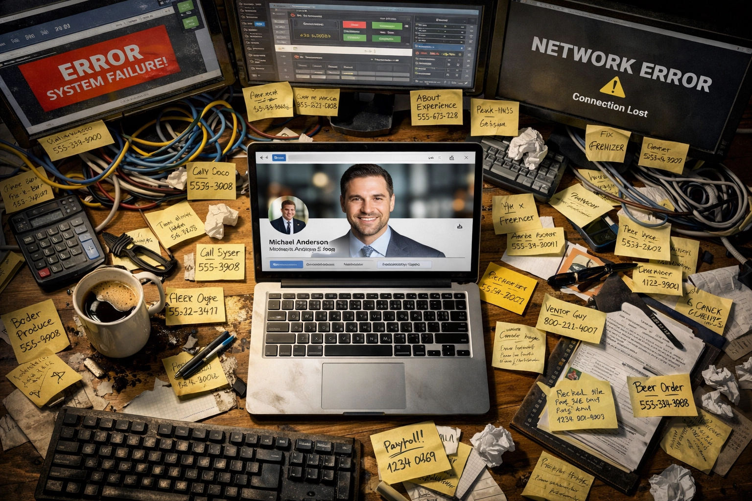 Chaotic restaurant back office with error screens contrasting polished LinkedIn consultant profile