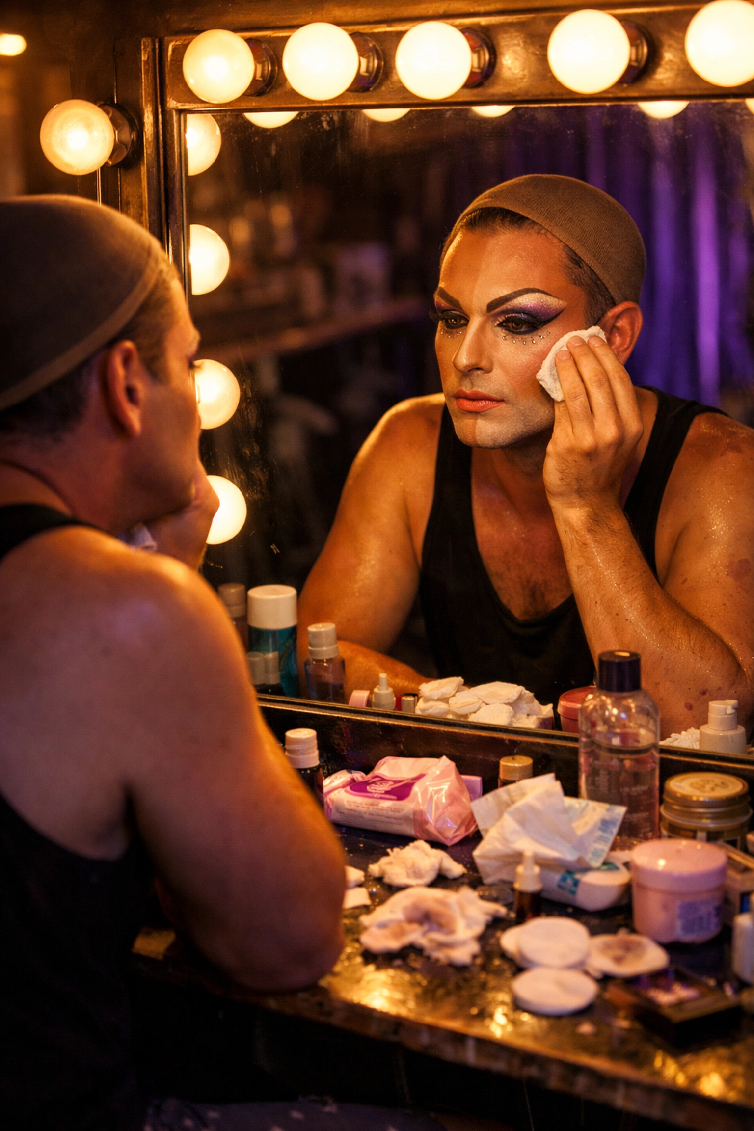 Drag queen removing stage makeup at backstage vanity mirror during transformation to daytime identity