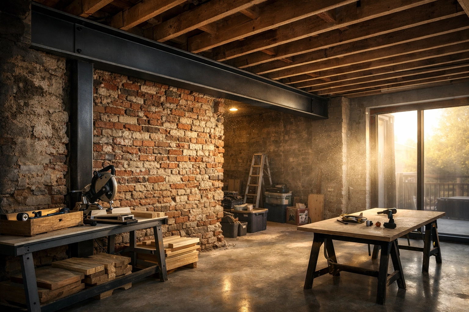 Structural house renovation in West Sussex showing exposed brick and modern steel beams.