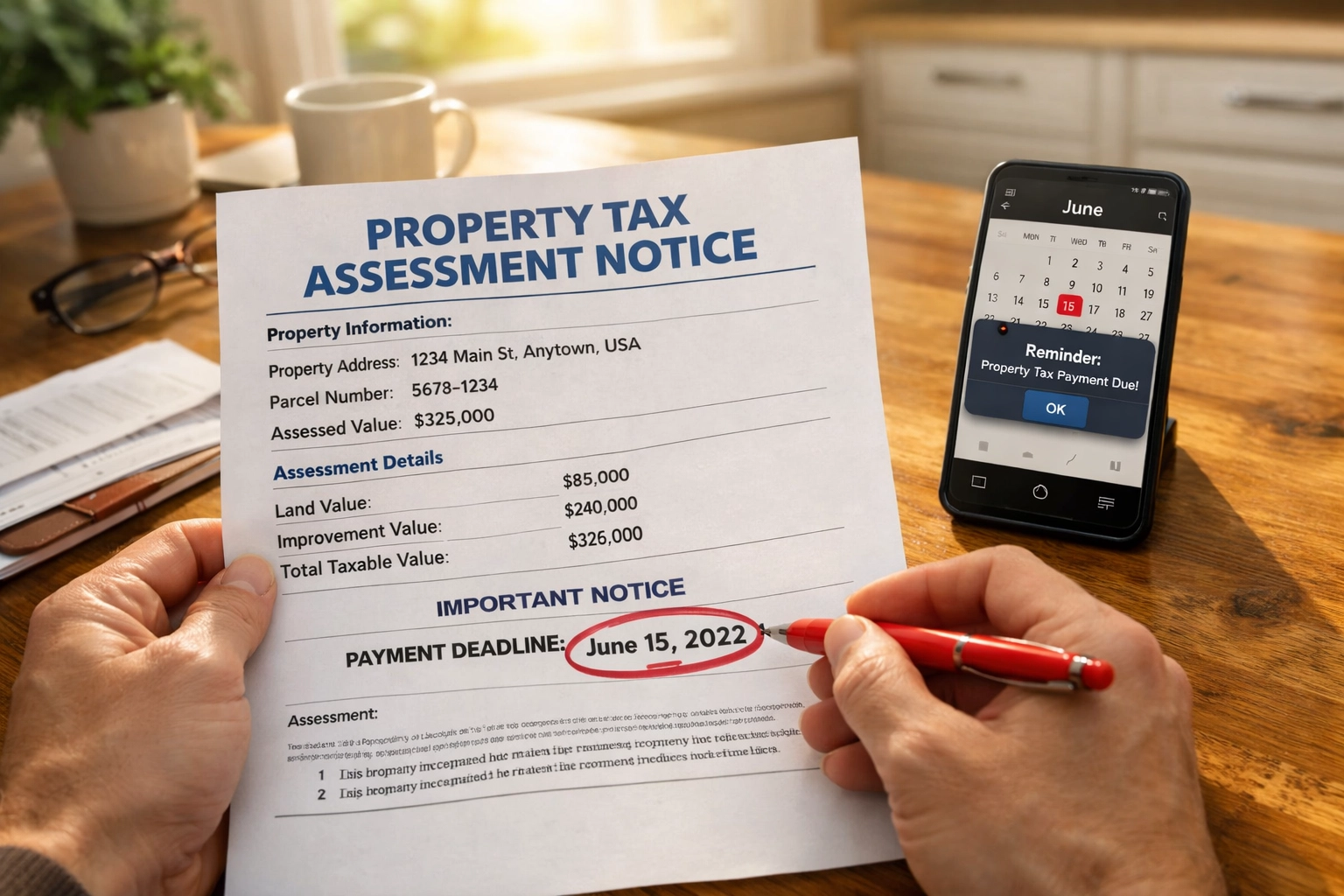 Homeowner marking property tax appeal deadline on assessment notice with calendar reminder