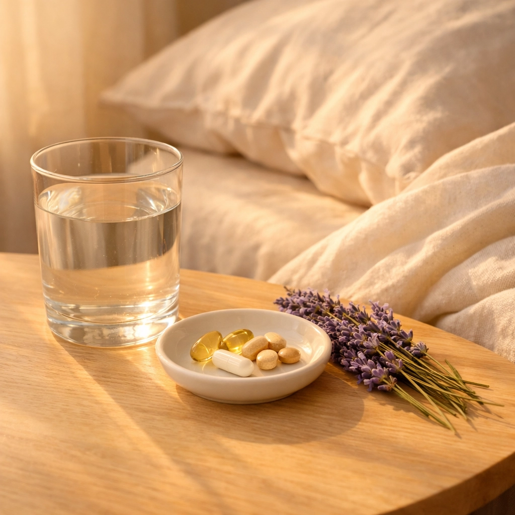 Bedside table with evening herbal supplements, water, and lavender for sleep routine