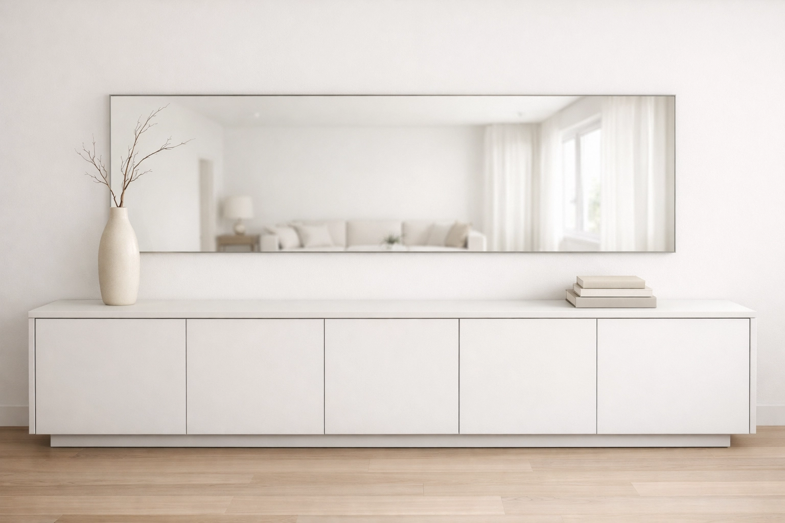 Professionally styled buffet cabinet set in a light, airy room reflecting modern interior design.