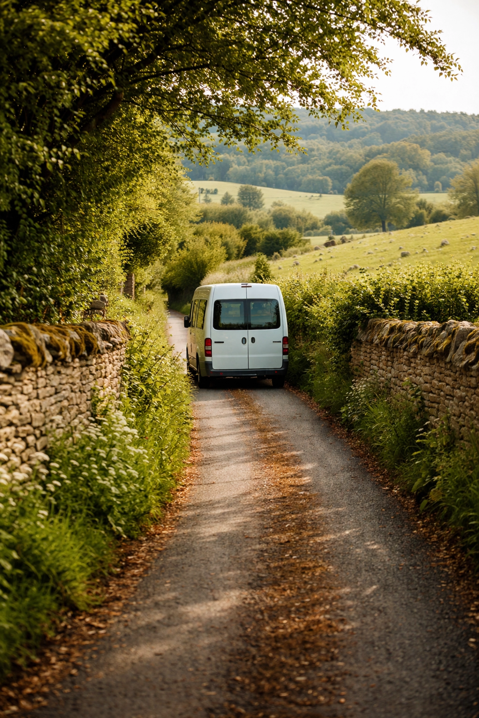 A narrow Cotswolds country lane with a minibus navigating between stone walls and green sheep pastures.