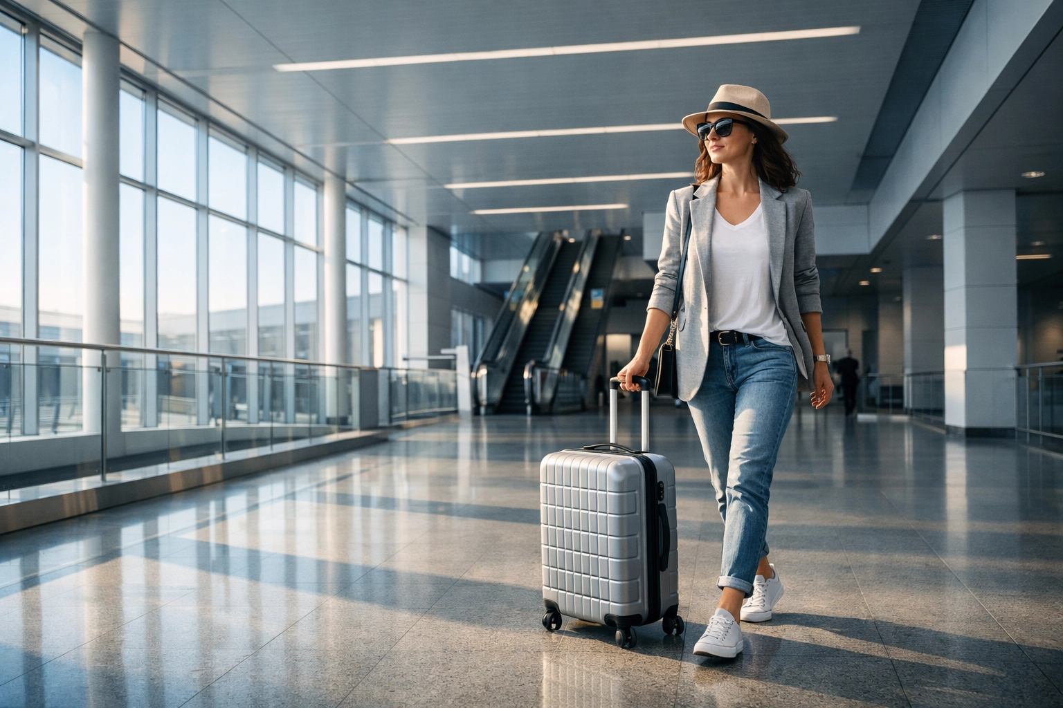 A female traveler walking through a modern airport terminal with a carry-on suitcase to save on bag fees. united mileageplus changes 2026