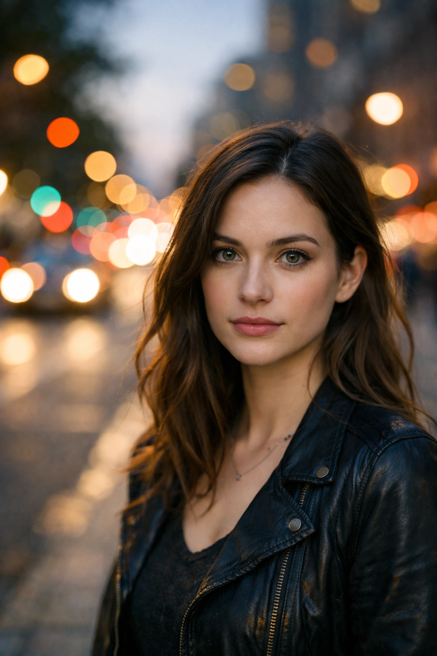 A woman on a city street illustrating portrait photography techniques with a wide aperture and bokeh background.