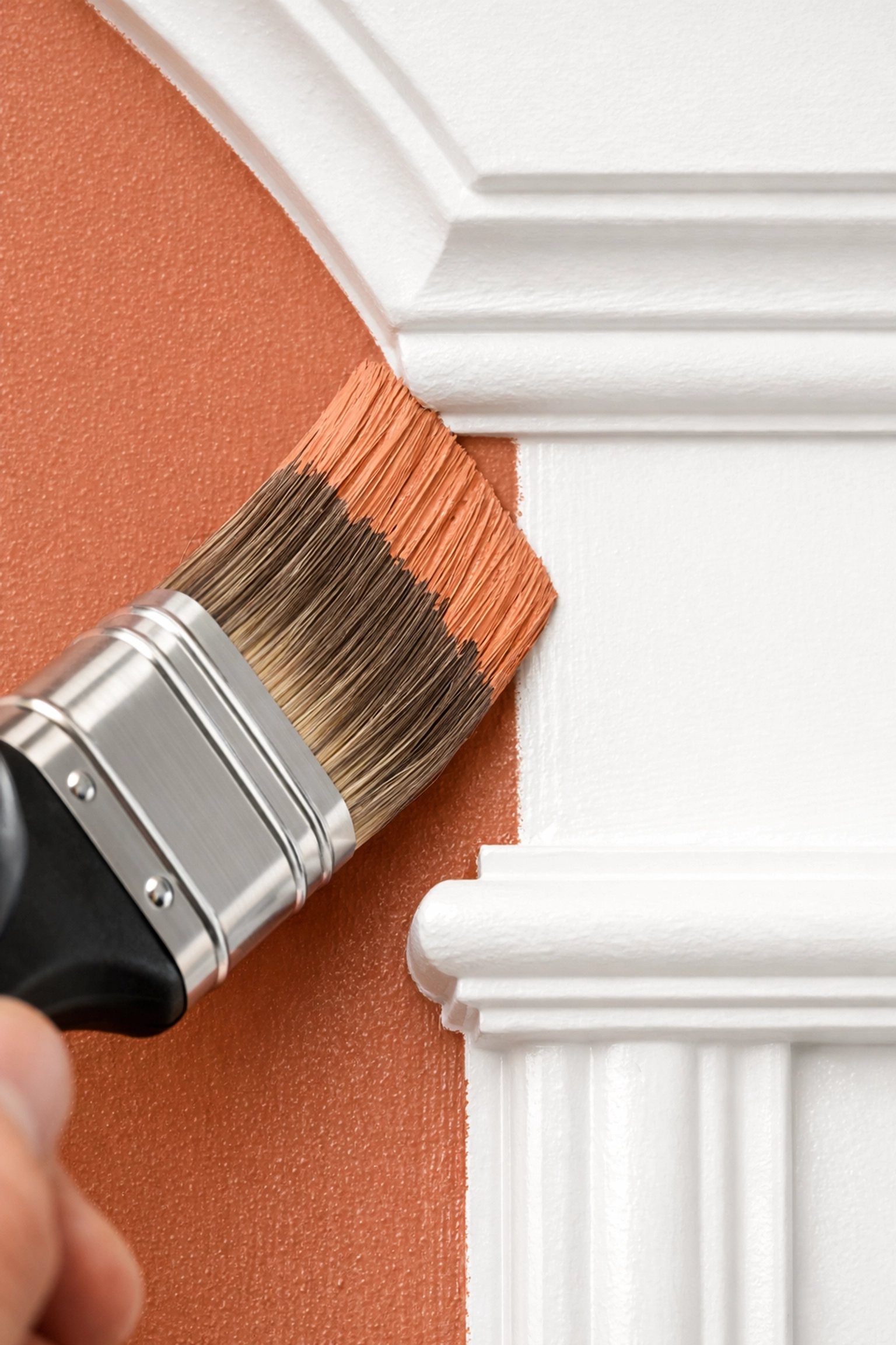 Professional painter cutting in terracotta paint against a white architrave in a Cheltenham home.