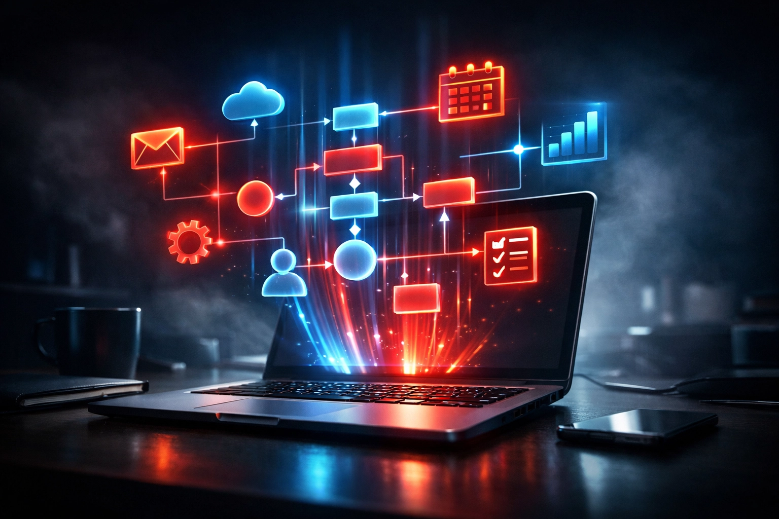 Business automation workflow diagram showing app integrations and process connections