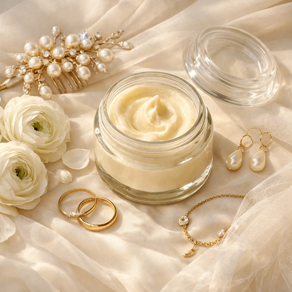 Eternal Bond wedding season tallow balm with bridal accessories and white flowers
