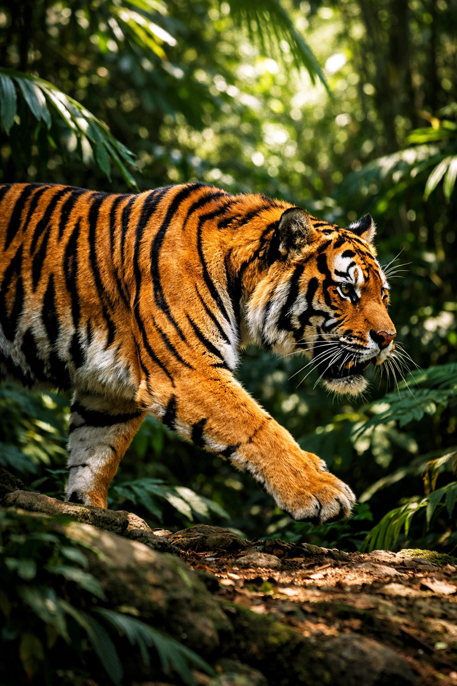 Bengal tiger moving through a lush jungle, representing focus and intense brand identity in wild animal photography.