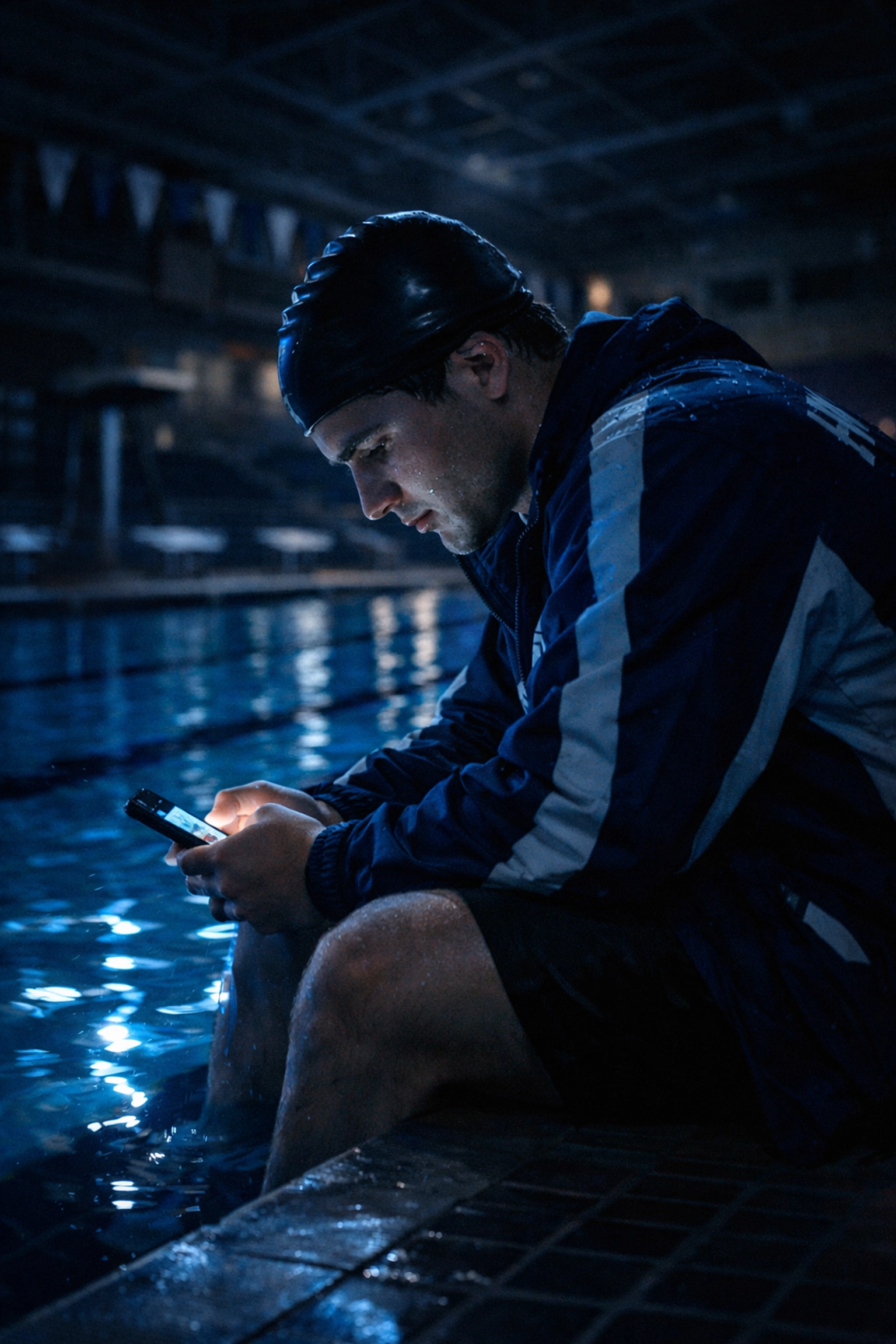 Gay college swimmer contemplating coming out alone by pool at night with phone