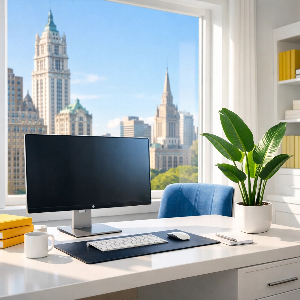 Dust-free partner's office in Boston featuring a clean executive desk and natural sunlight.