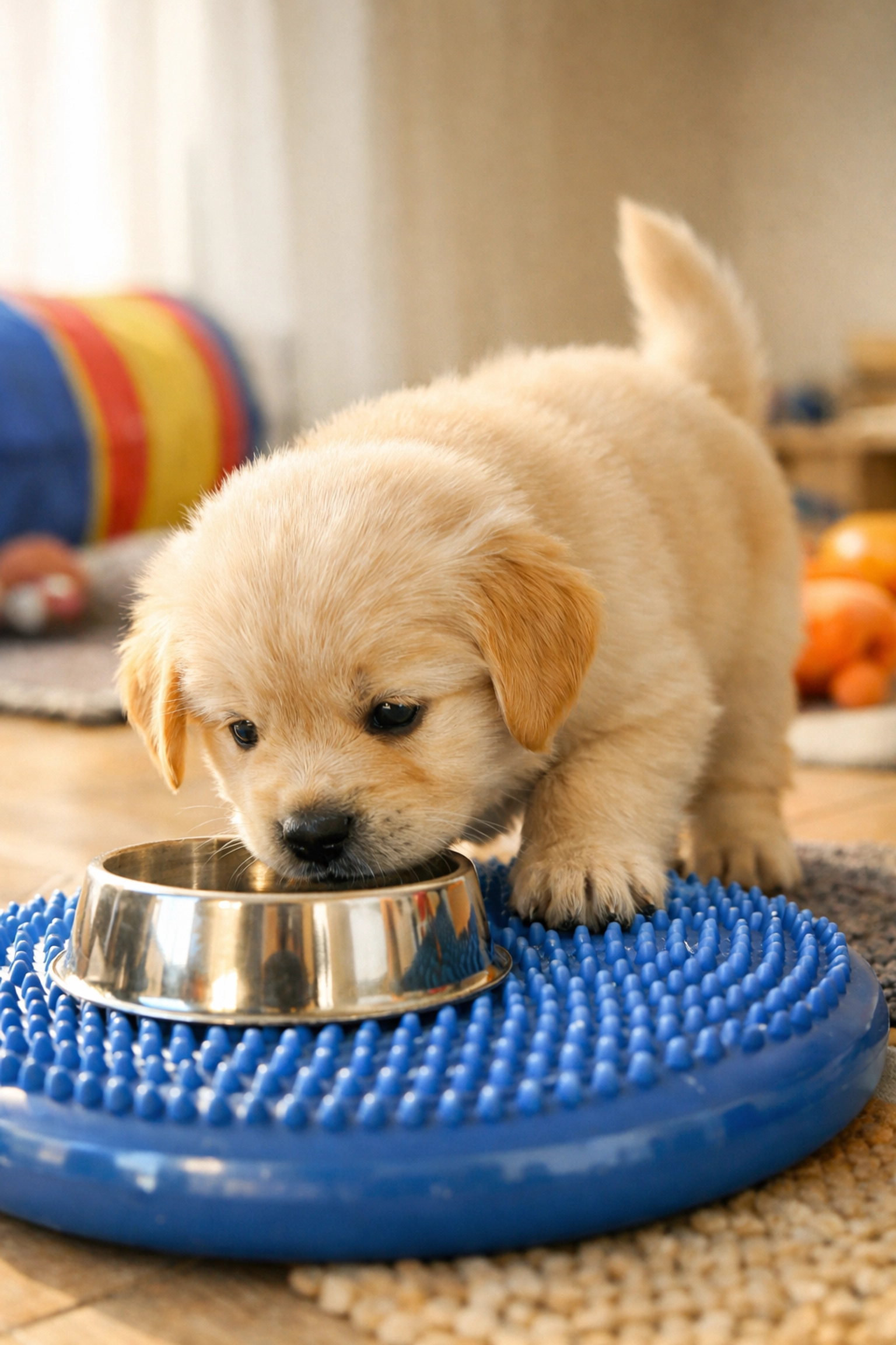 Confident Golden Retriever puppy exploring during enrichment training showing stress resilience