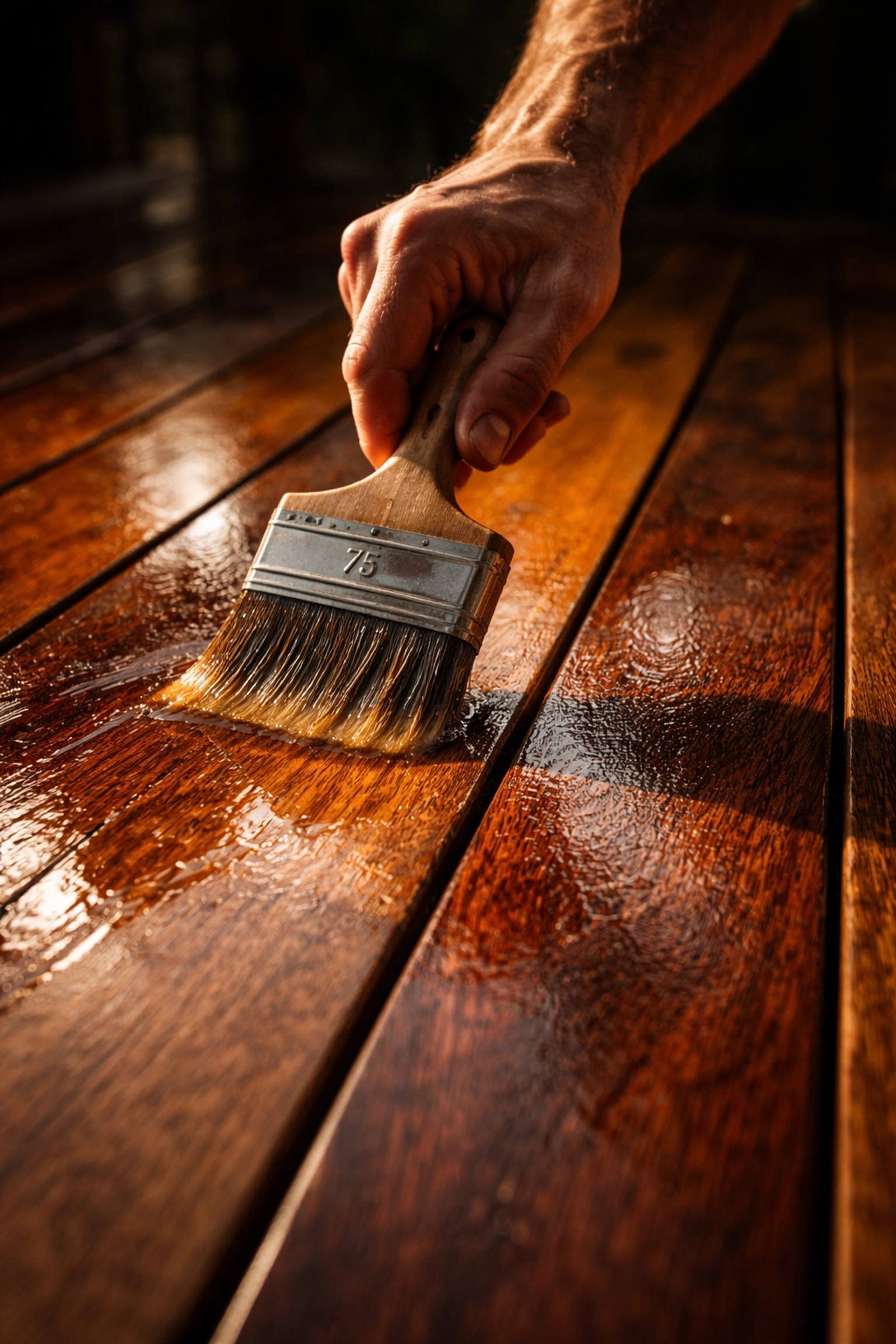 Hands oiling a spotted gum timber deck, demonstrating Brisbane deck maintenance and care for longevity