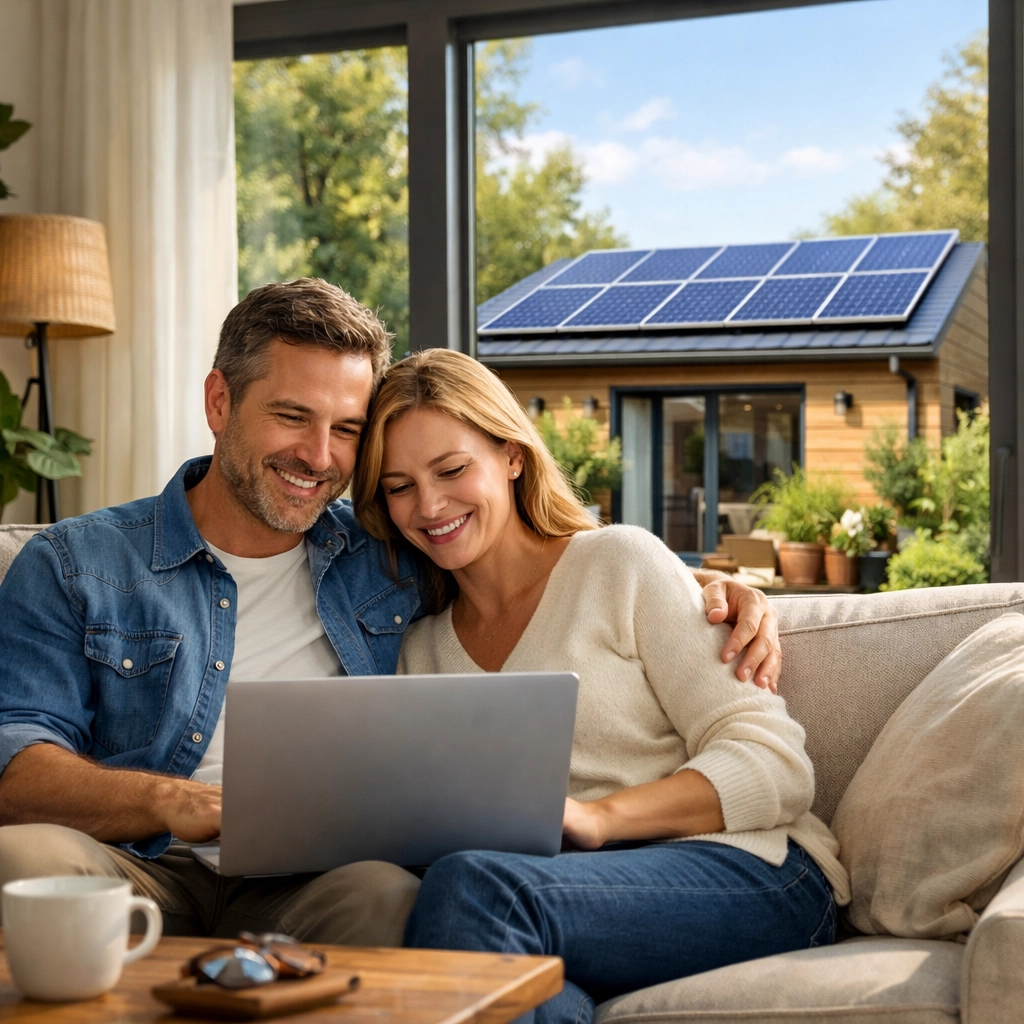 Happy homeowners using an online tool to plan their home solar panels UK and energy independence.