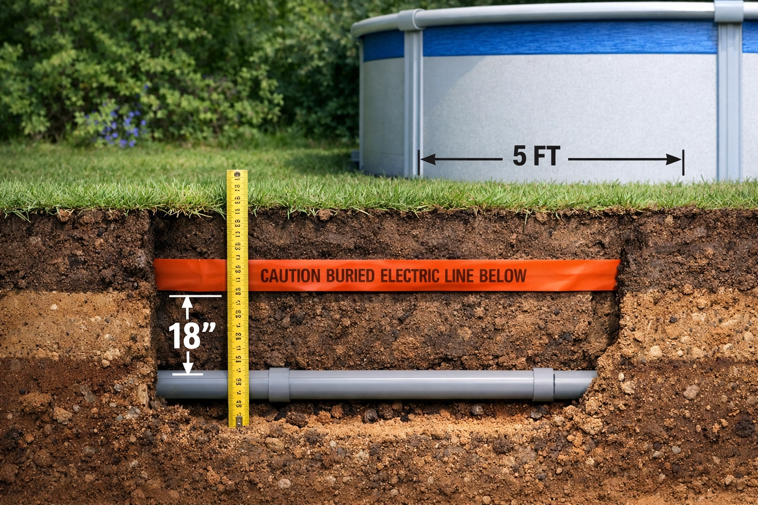 Underground electrical conduit buried at correct depth for pool wiring installation