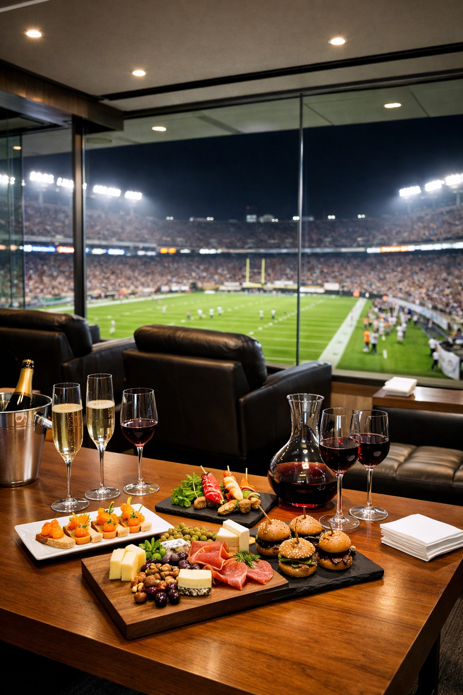 Exclusive Super Bowl corporate suite with stadium views and gourmet catering for executive hosting.