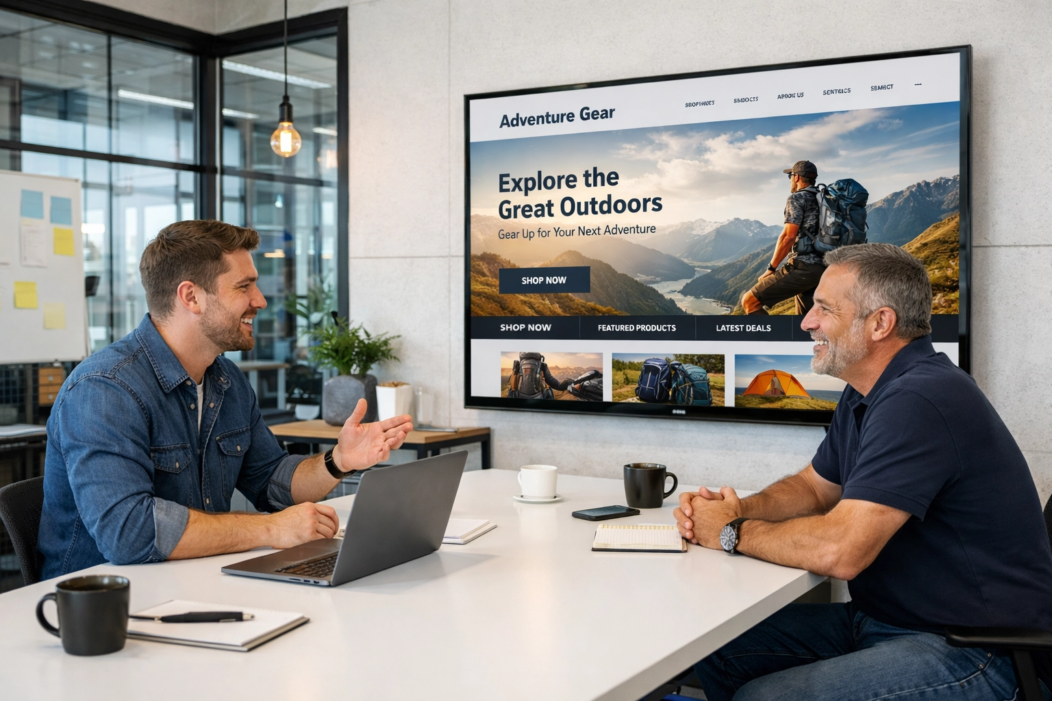 Tri-Cities business owner and web designer reviewing a custom website mockup during a consultation.