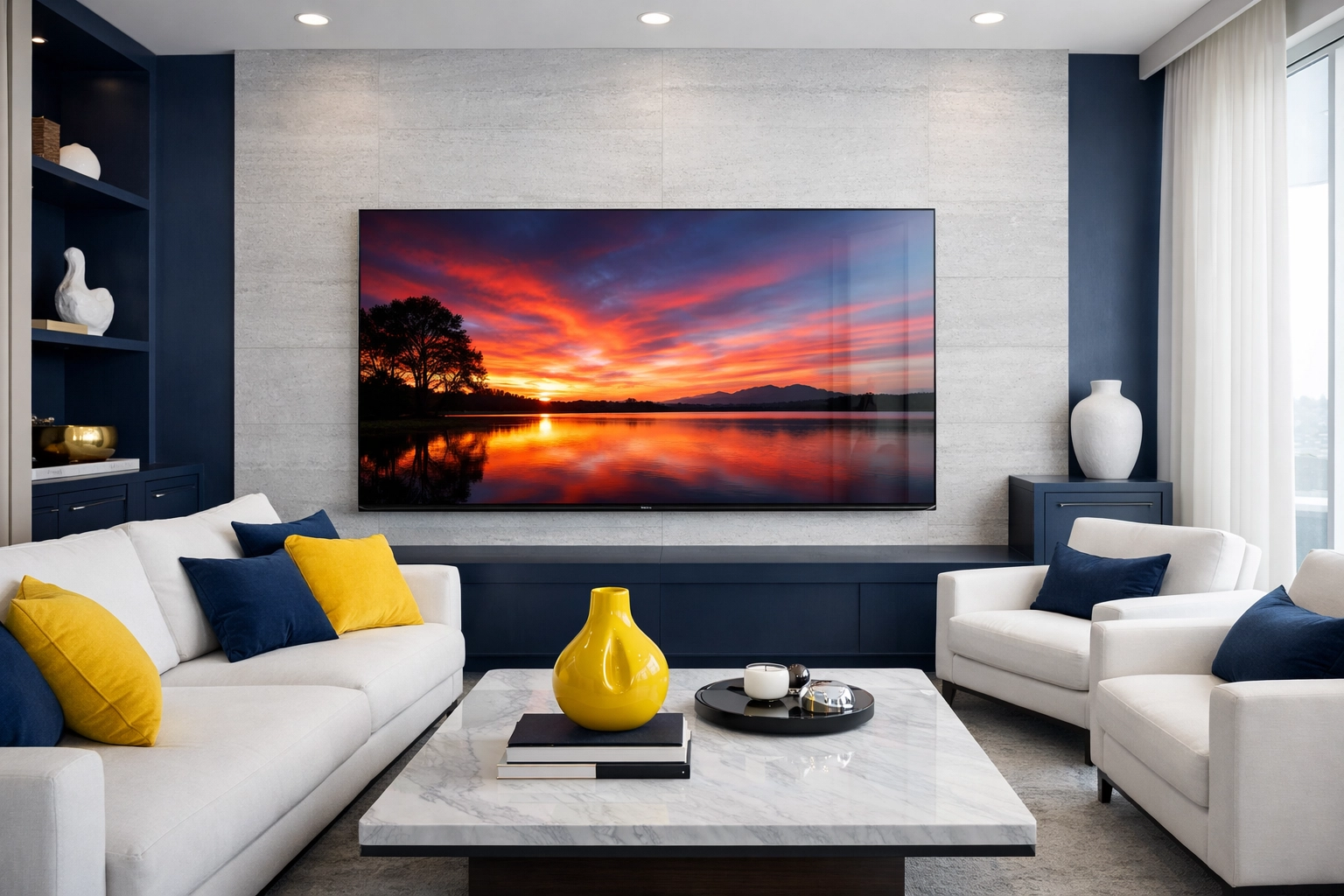 A pristine OLED TV in a modern living room, a key focus during a thorough bi weekly house cleaning.