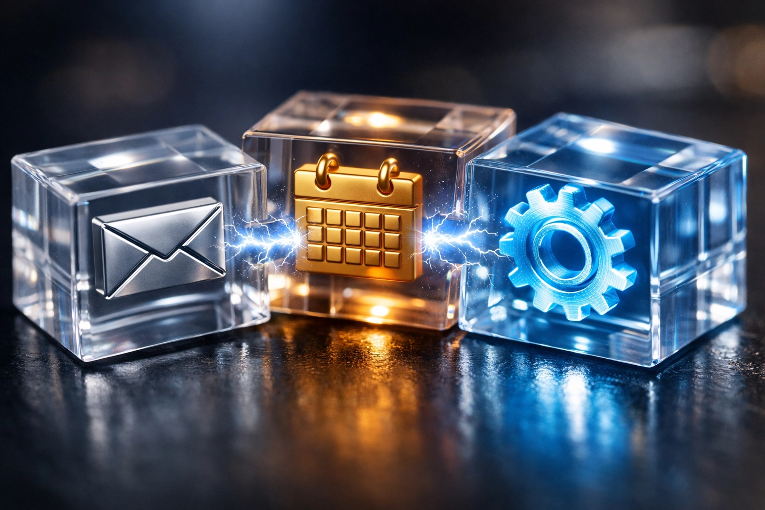 Modular digital blocks representing email, calendar, and CRM tools connecting in an agentic workflow.