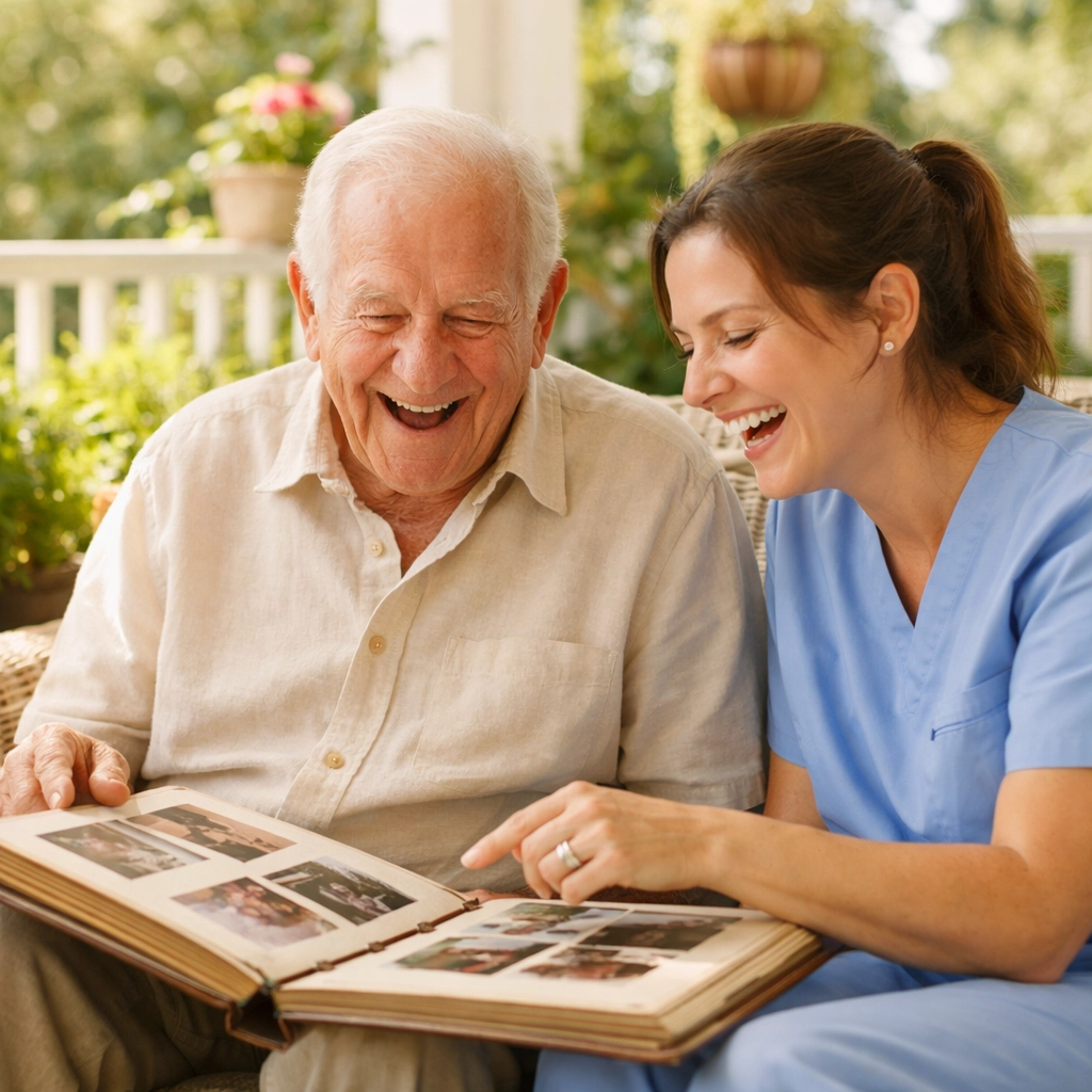 A joyful caregiver and senior man sharing memories, highlighting the personal connection of Houston companion care.