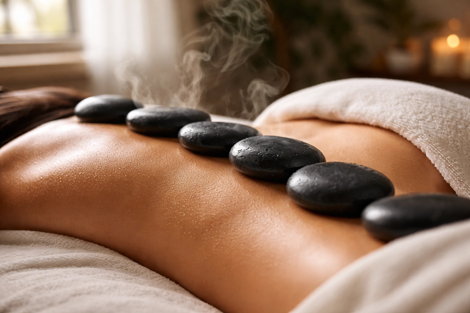 Hot stones placed along spine during massage session, illustrating deep relaxation and stress reduction for Edmonton residents.